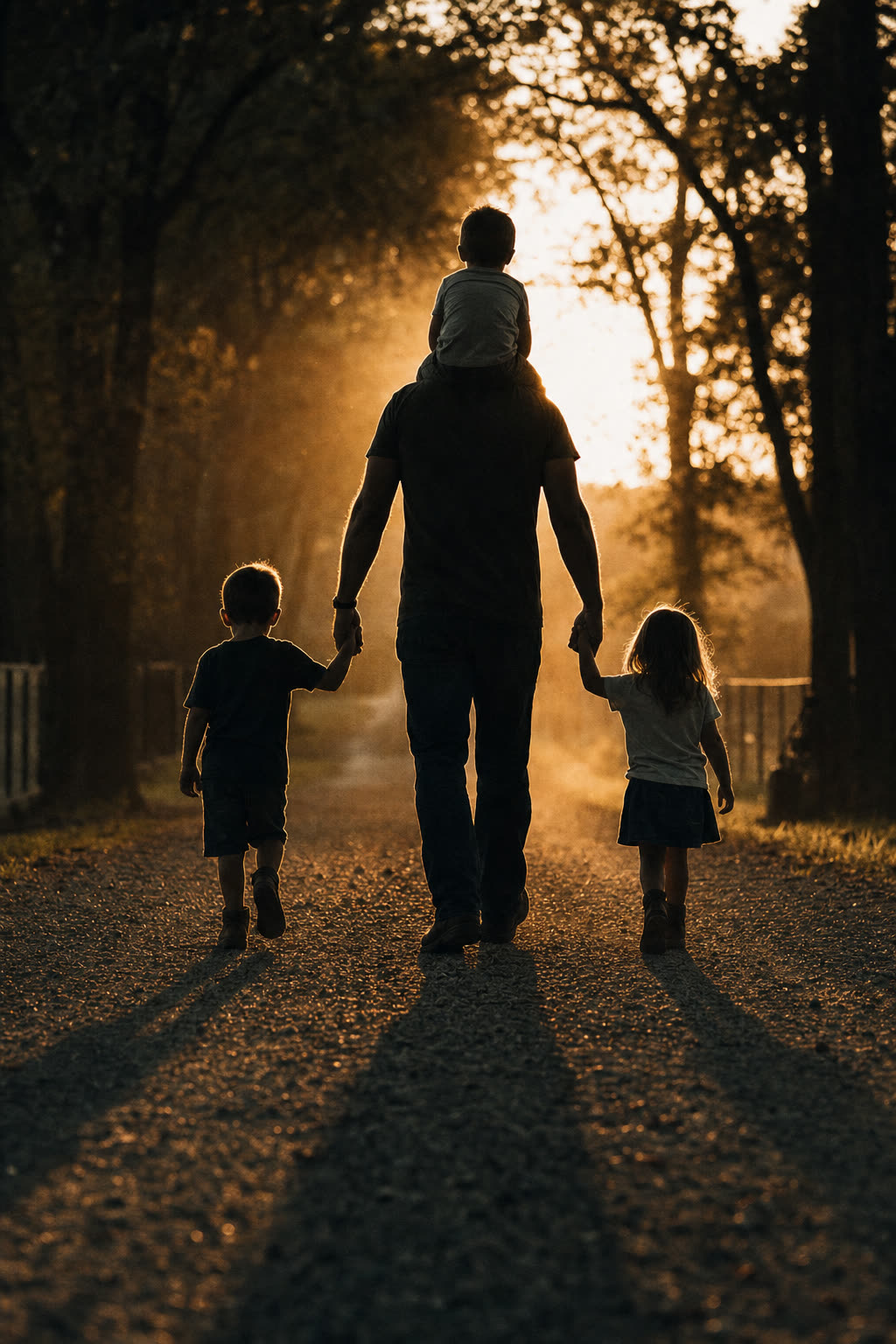 A father walking a gravel road at sunset with his children, seen from behind