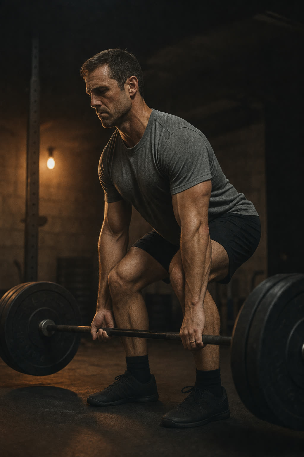 A man in his late thirties setting up for a deadlift in a dimly lit gym