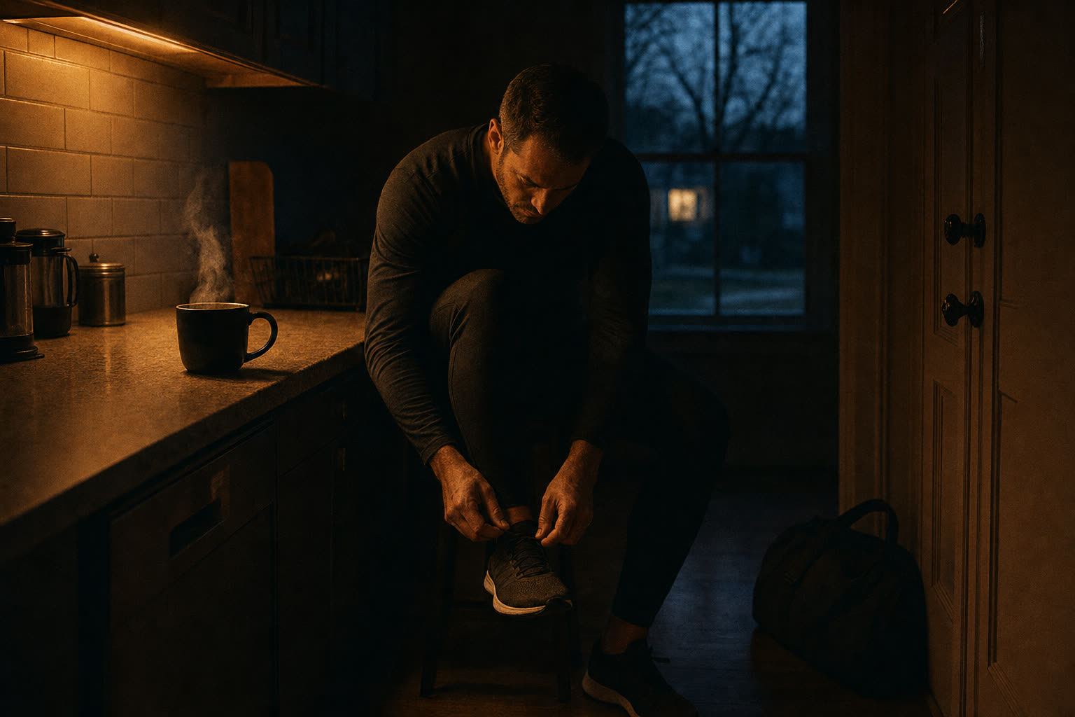 A man lacing his training shoes in a dark kitchen before dawn